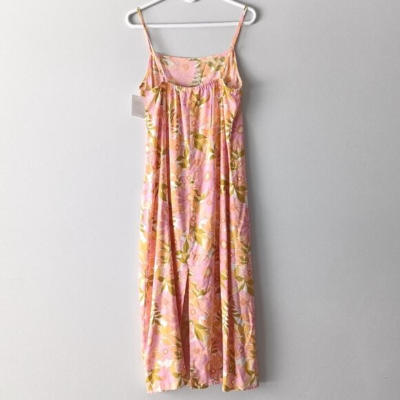 New Billabong Sundress Spaghetti Strap Bright Pink Floral Green Midi Medium - Picture 2 of 12